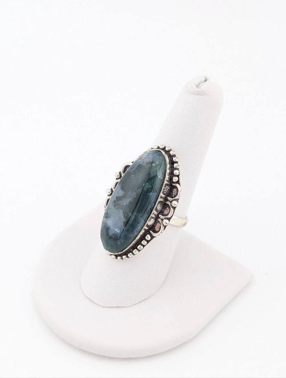 Moss Agate Oval Silver Statement Ring - Bohemian Jewelry - 8.5 - L